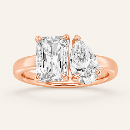 3.00CT Pear Cut And Emerald Cut Lab Grown Diamond Toi et Moi Fashion Ring
