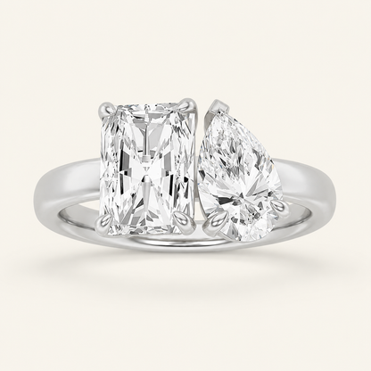 3.00CT Pear Cut And Emerald Cut Lab Grown Diamond Toi et Moi Fashion Ring