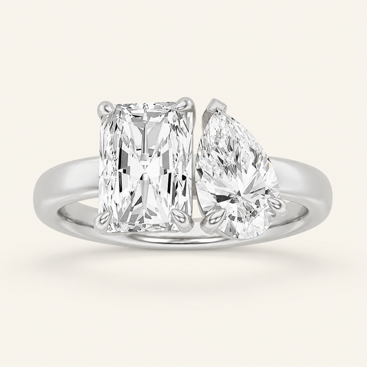 3.00CT Pear Cut And Emerald Cut Lab Grown Diamond Toi et Moi Fashion Ring