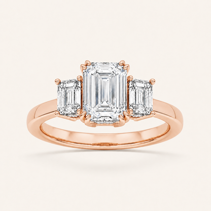 3.00 CT Emerald Cut Lab Grown Diamond Three Stone Ring