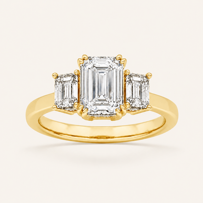 3.00 CT Emerald Cut Lab Grown Diamond Three Stone Ring
