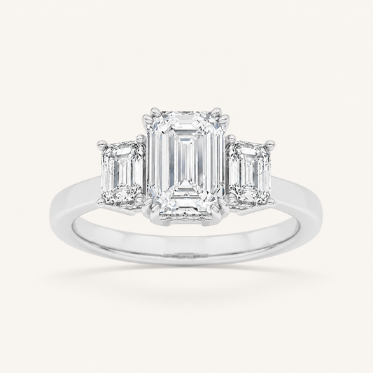3.00 CT Emerald Cut Lab Grown Diamond Three Stone Ring