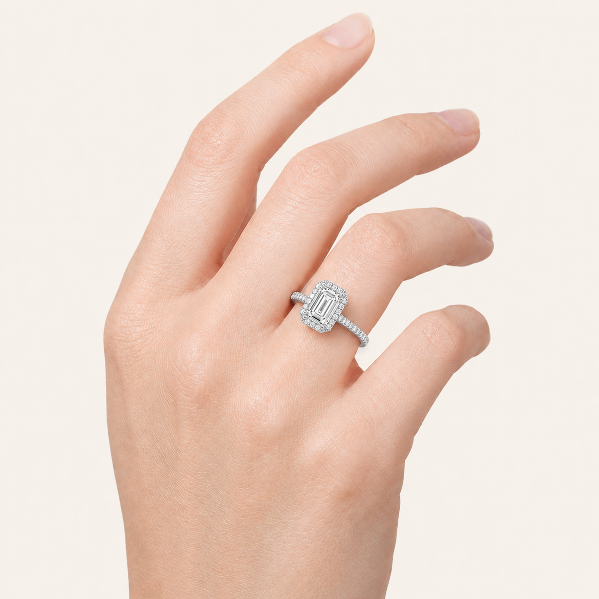 2.5CT Emerald Cut Lab Grown Diamond Halo Accented Engagement Ring