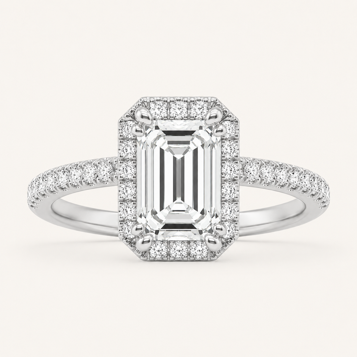 2.5CT Emerald Cut Lab Grown Diamond Halo Accented Engagement Ring