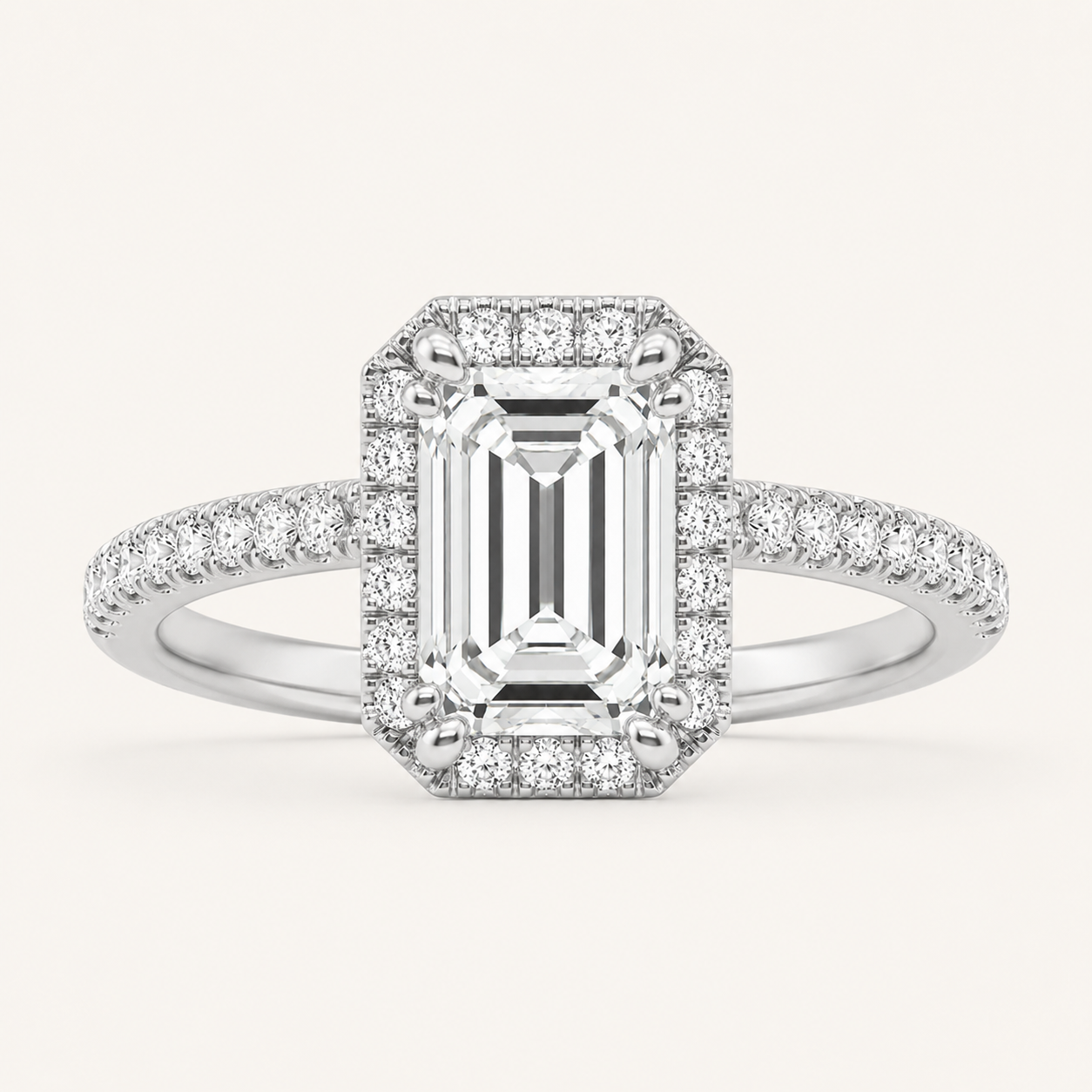 2.5CT Emerald Cut Lab Grown Diamond Halo Accented Engagement Ring