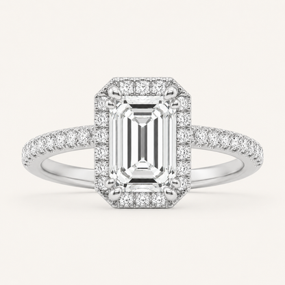 2.5CT Emerald Cut Lab Grown Diamond Halo Accented Engagement Ring