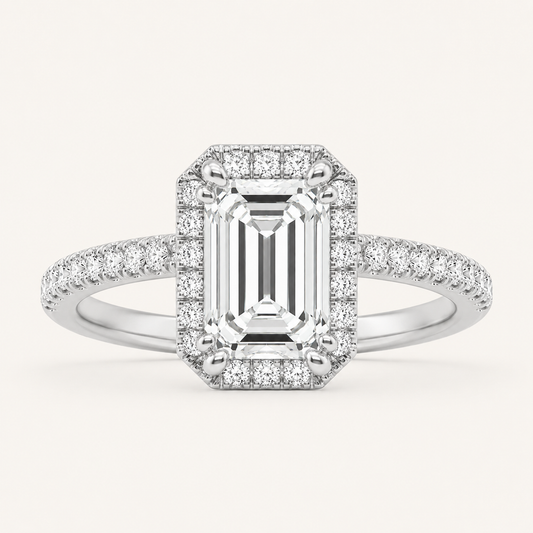 2.5CT Emerald Cut Lab Grown Diamond Halo Accented Engagement Ring