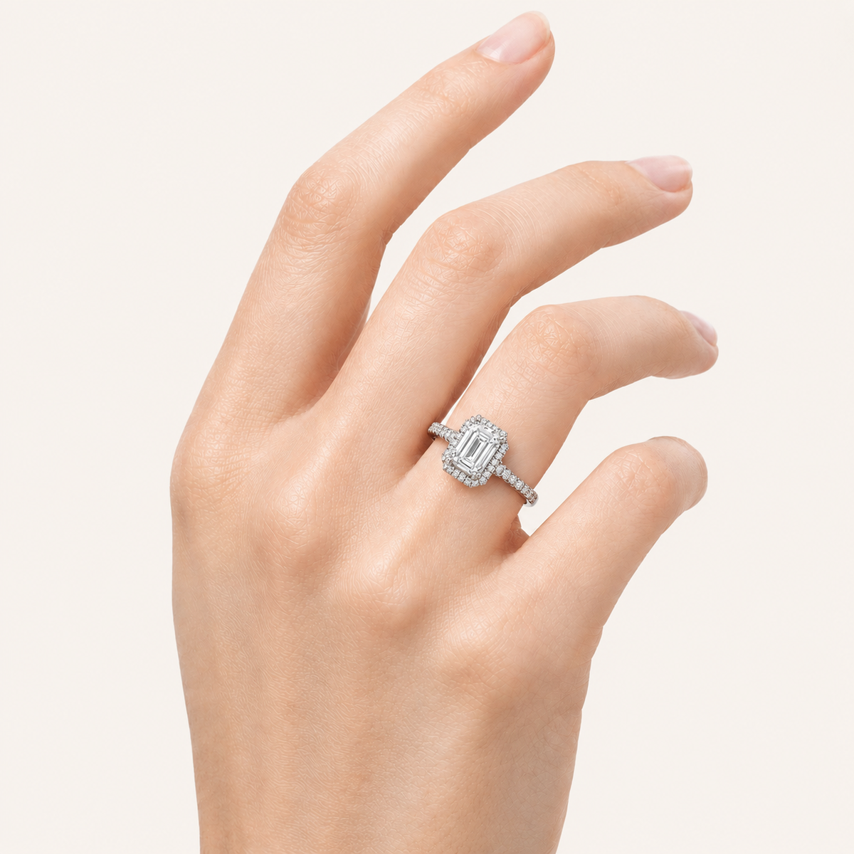 2.5CT Emerald Cut Lab Grown Diamond Halo Accented Engagement Ring