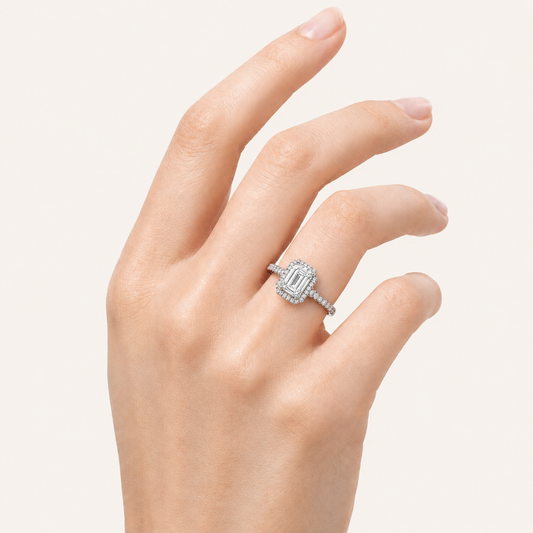 2.5CT Emerald Cut Lab Grown Diamond Halo Accented Engagement Ring