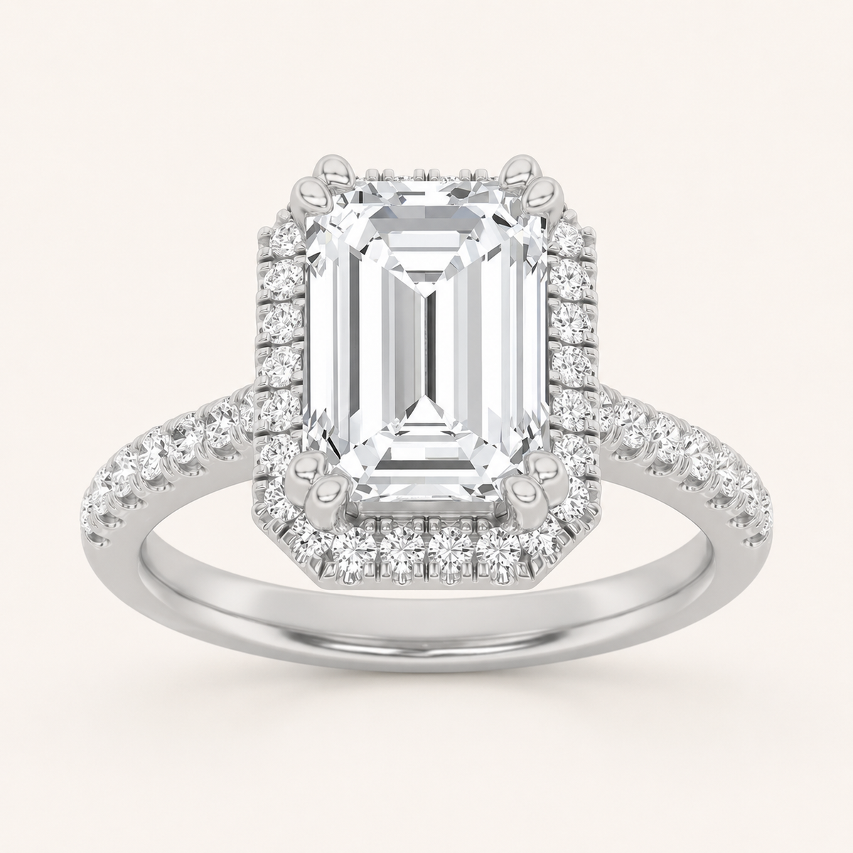 2.5CT Emerald Cut Lab Grown Diamond Halo Accented Engagement Ring