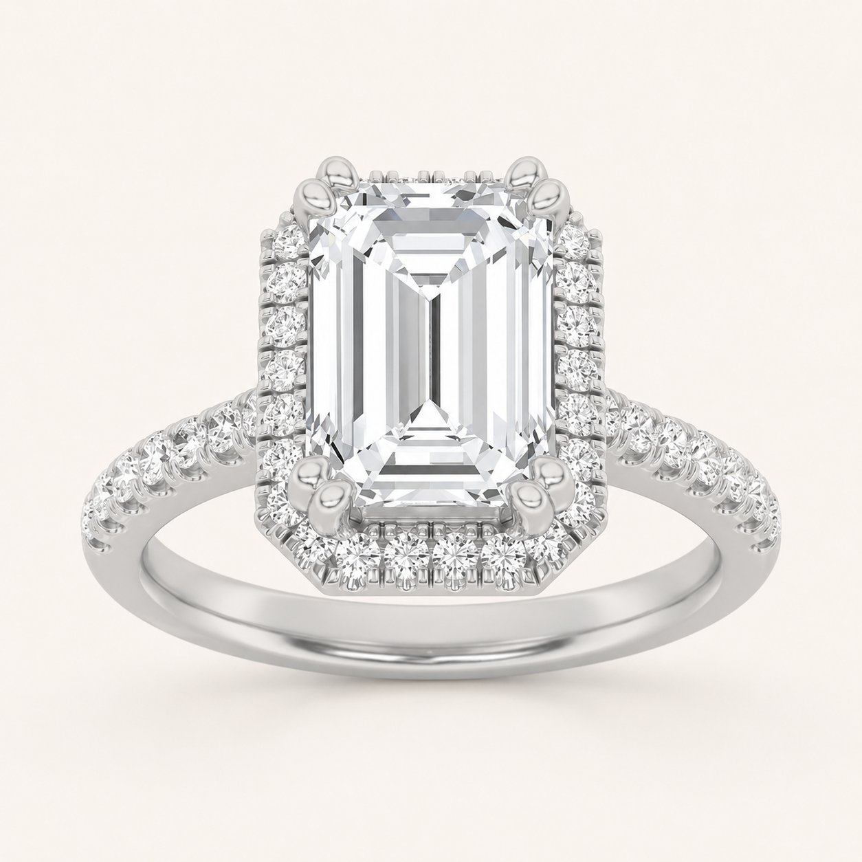 2.5CT Emerald Cut Lab Grown Diamond Halo Accented Engagement Ring