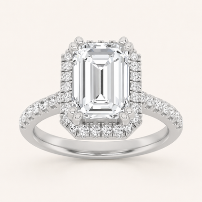 2.5CT Emerald Cut Lab Grown Diamond Halo Accented Engagement Ring