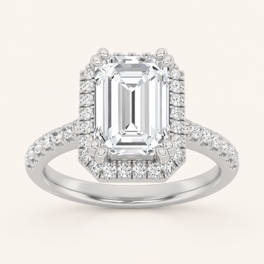 2.5CT Emerald Cut Lab Grown Diamond Halo Accented Engagement Ring