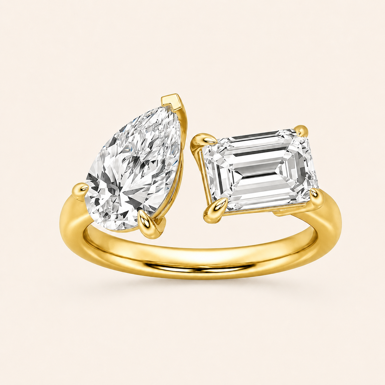 3.00 CT Emerald Cut  And Pear CutLab Grown Diamond Toi et Moi Ring
