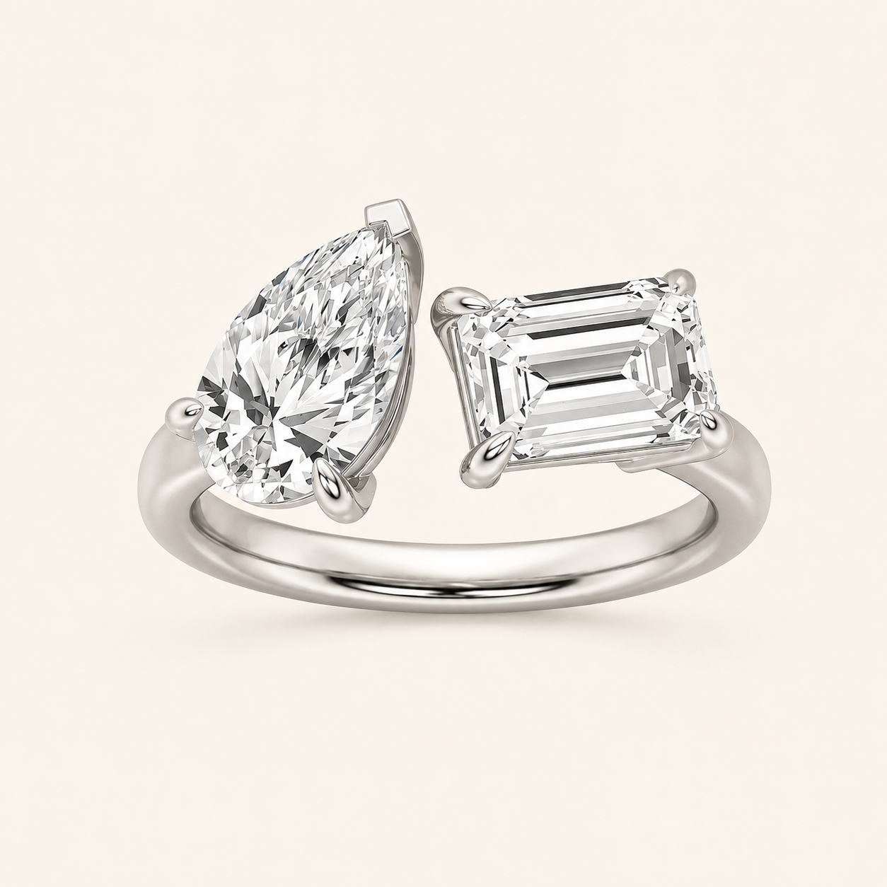 3.00 CT Emerald Cut  And Pear CutLab Grown Diamond Toi et Moi Ring