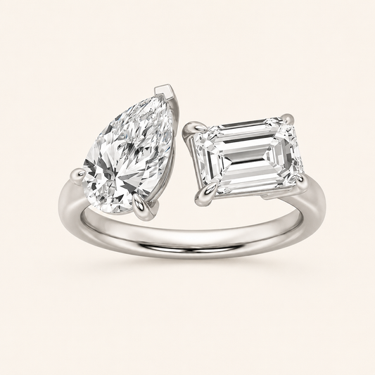 3.00 CT Emerald Cut  And Pear CutLab Grown Diamond Toi et Moi Ring