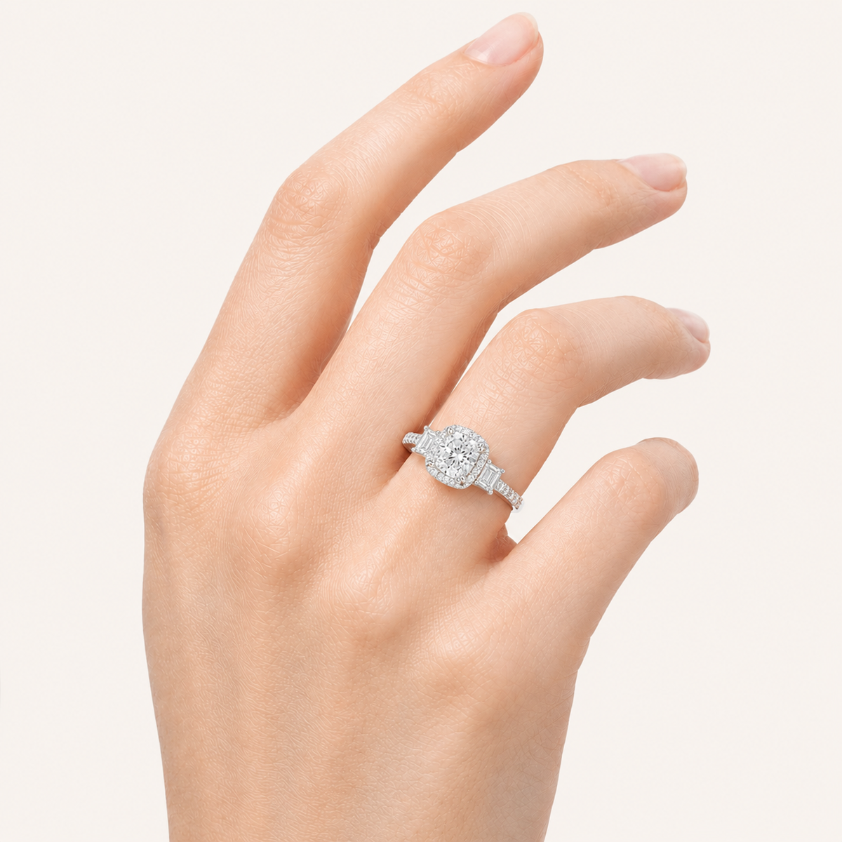 3CT Elongated Cushion Cut Lab Grown Diamond Accented Halo Three Stone Ring