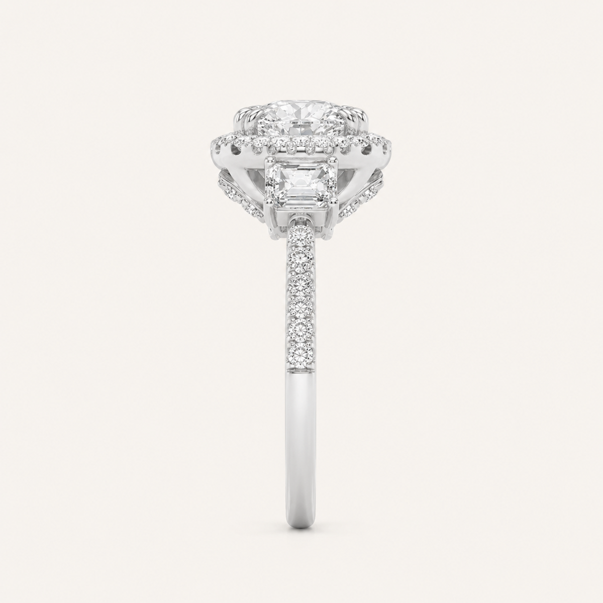 3CT Elongated Cushion Cut Lab Grown Diamond Accented Halo Three Stone Ring