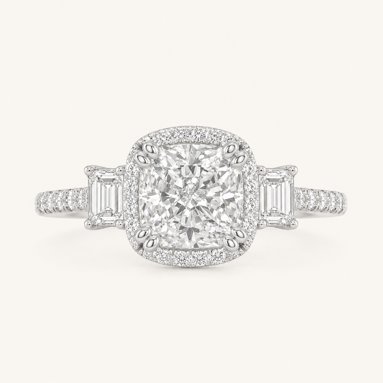 3CT Elongated Cushion Cut Lab Grown Diamond Accented Halo Three Stone Ring