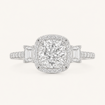 3CT Elongated Cushion Cut Lab Grown Diamond Accented Halo Three Stone Ring