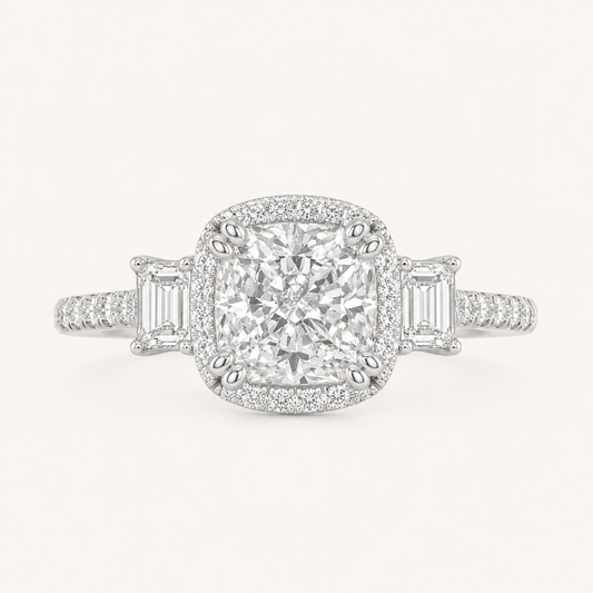 3CT Elongated Cushion Cut Lab Grown Diamond Accented Halo Three Stone Ring