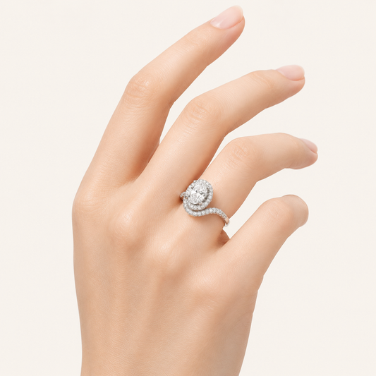 2CT Oval Cut Lab Grown Diamond Swirl Accented Engagement Ring