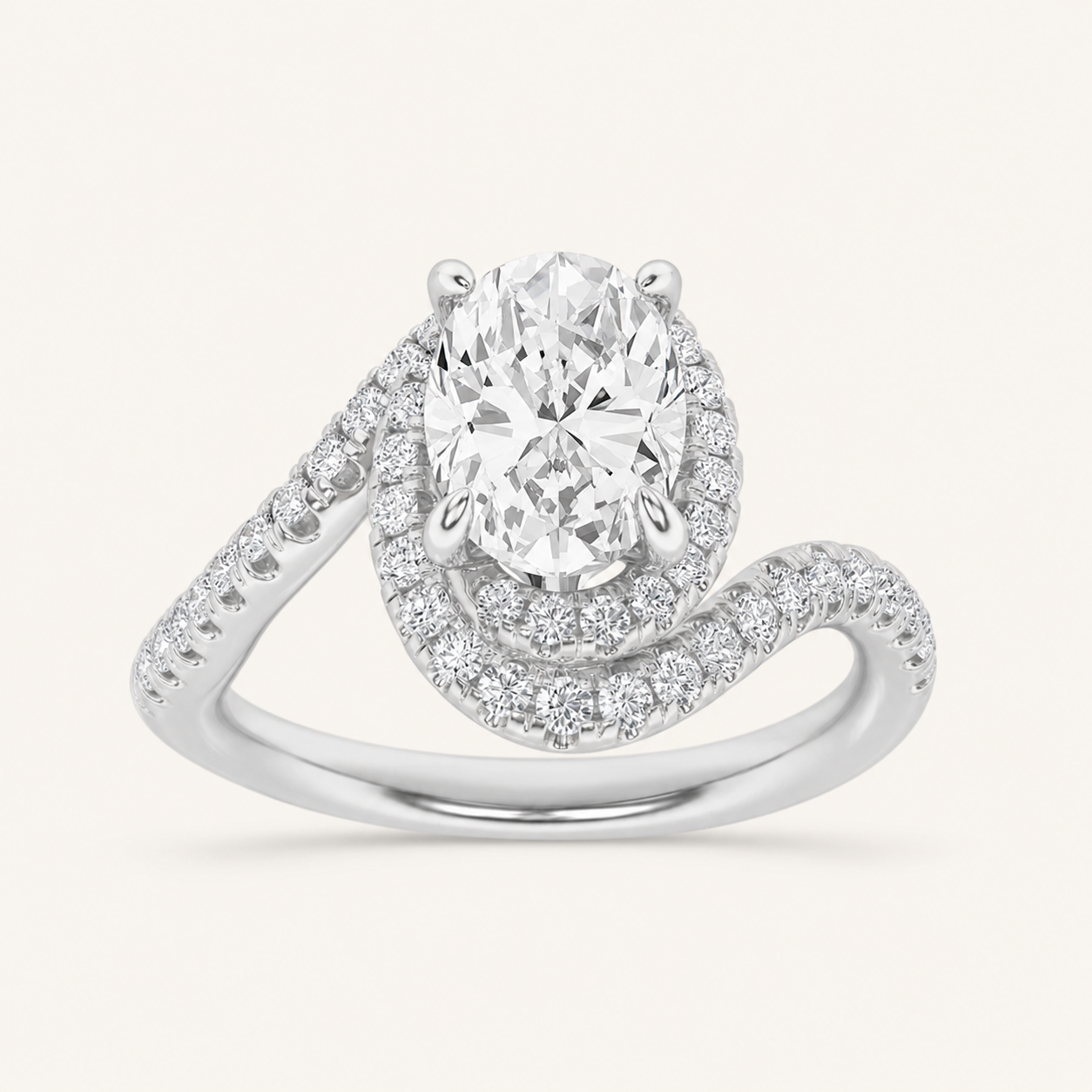 2CT Oval Cut Lab Grown Diamond Swirl Accented Engagement Ring