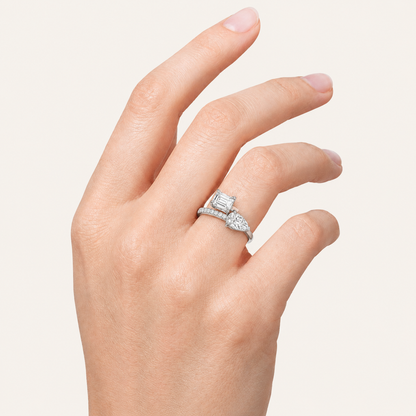 1.50 CT Emerald And Pear Cut Lab Grown Diamond Toi et Moi Ring