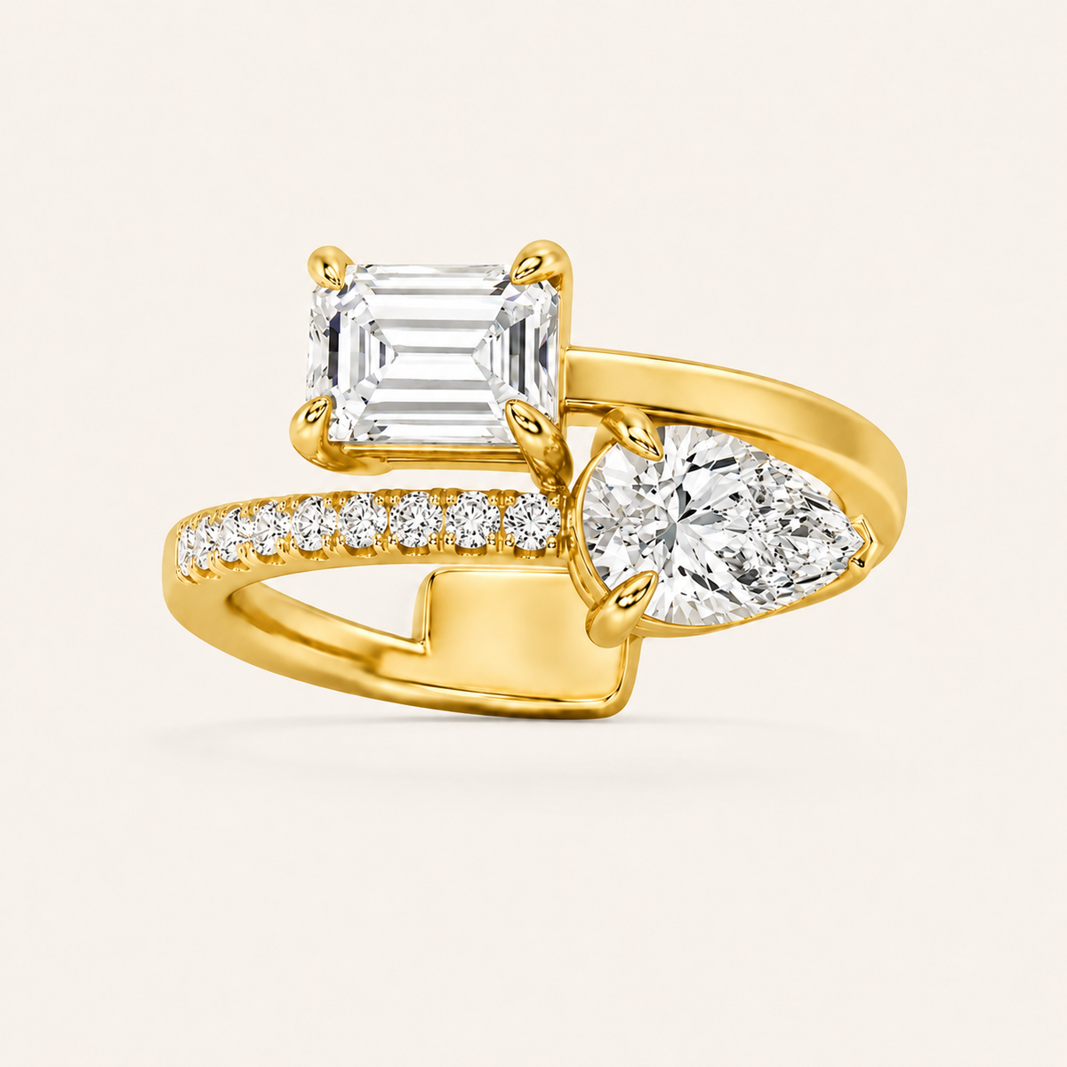 1.50 CT Emerald And Pear Cut Lab Grown Diamond Toi et Moi Ring