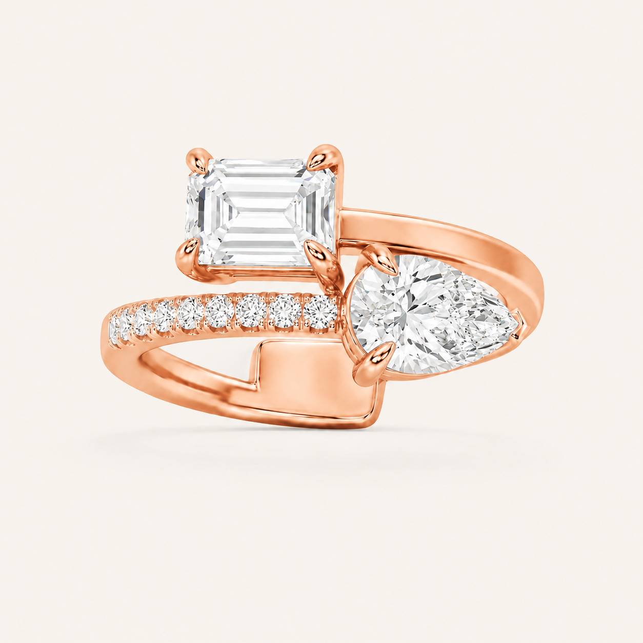 1.50 CT Emerald And Pear Cut Lab Grown Diamond Toi et Moi Ring
