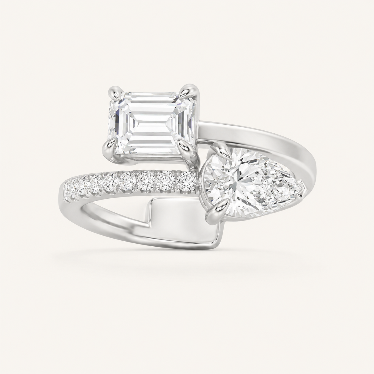 1.50 CT Emerald And Pear Cut Lab Grown Diamond Toi et Moi Ring