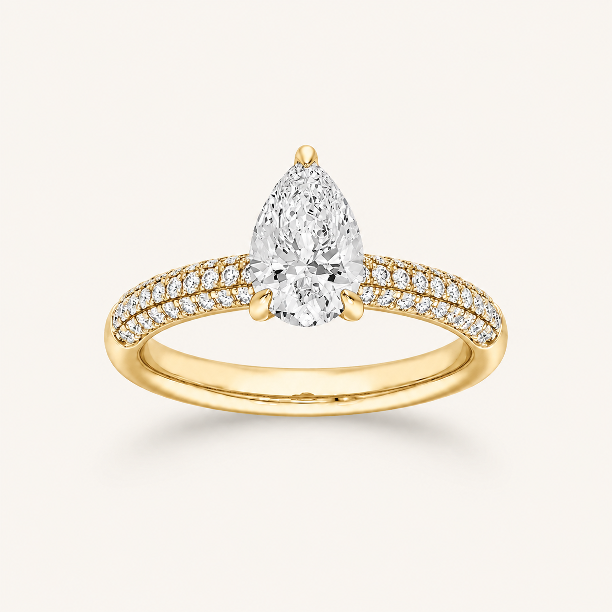 1.50 CT Pear Cut Lab Grown Diamond Three Row Micro Pave Side Stone Ring