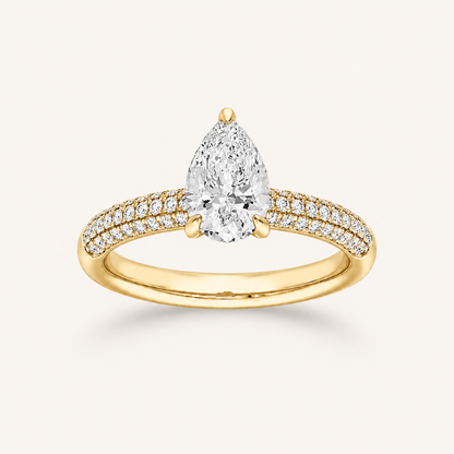 1.50 CT Pear Cut Lab Grown Diamond Three Row Micro Pave Side Stone Ring