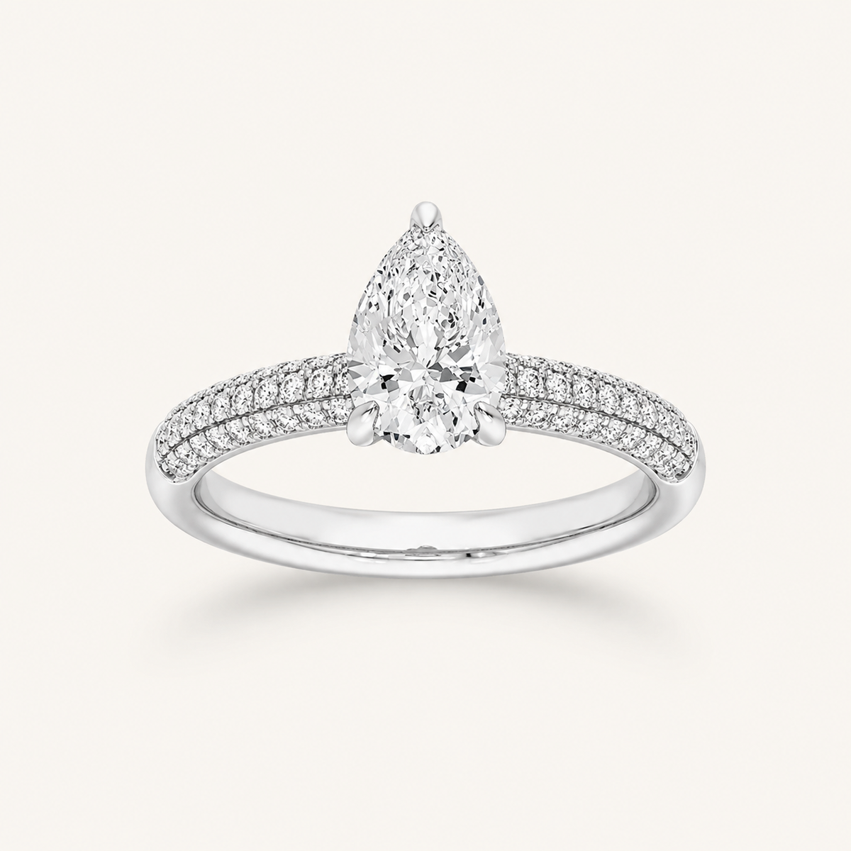 1.50 CT Pear Cut Lab Grown Diamond Three Row Micro Pave Side Stone Ring