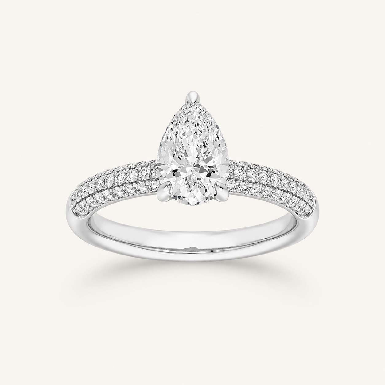 1.50 CT Pear Cut Lab Grown Diamond Three Row Micro Pave Side Stone Ring