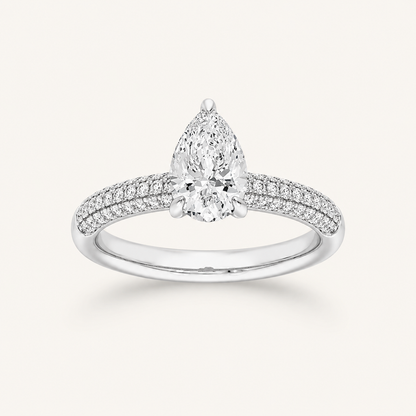 1.50 CT Pear Cut Lab Grown Diamond Three Row Micro Pave Side Stone Ring