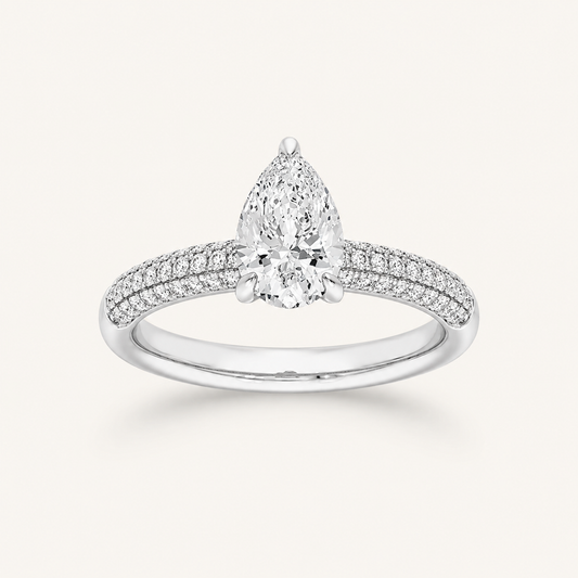 1.50 CT Pear Cut Lab Grown Diamond Three Row Micro Pave Side Stone Ring