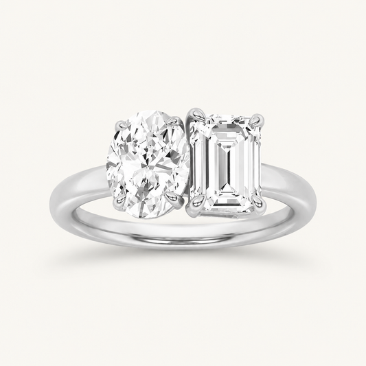 3.00 CT Round Cut And Emerald Cut Lab Grown Diamond Toi et Moi Ring