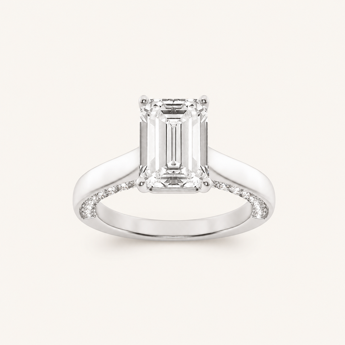 1.25 CT Emerald Cut Lab Grown Diamond Accented Bridge Shank Solitaire Ring