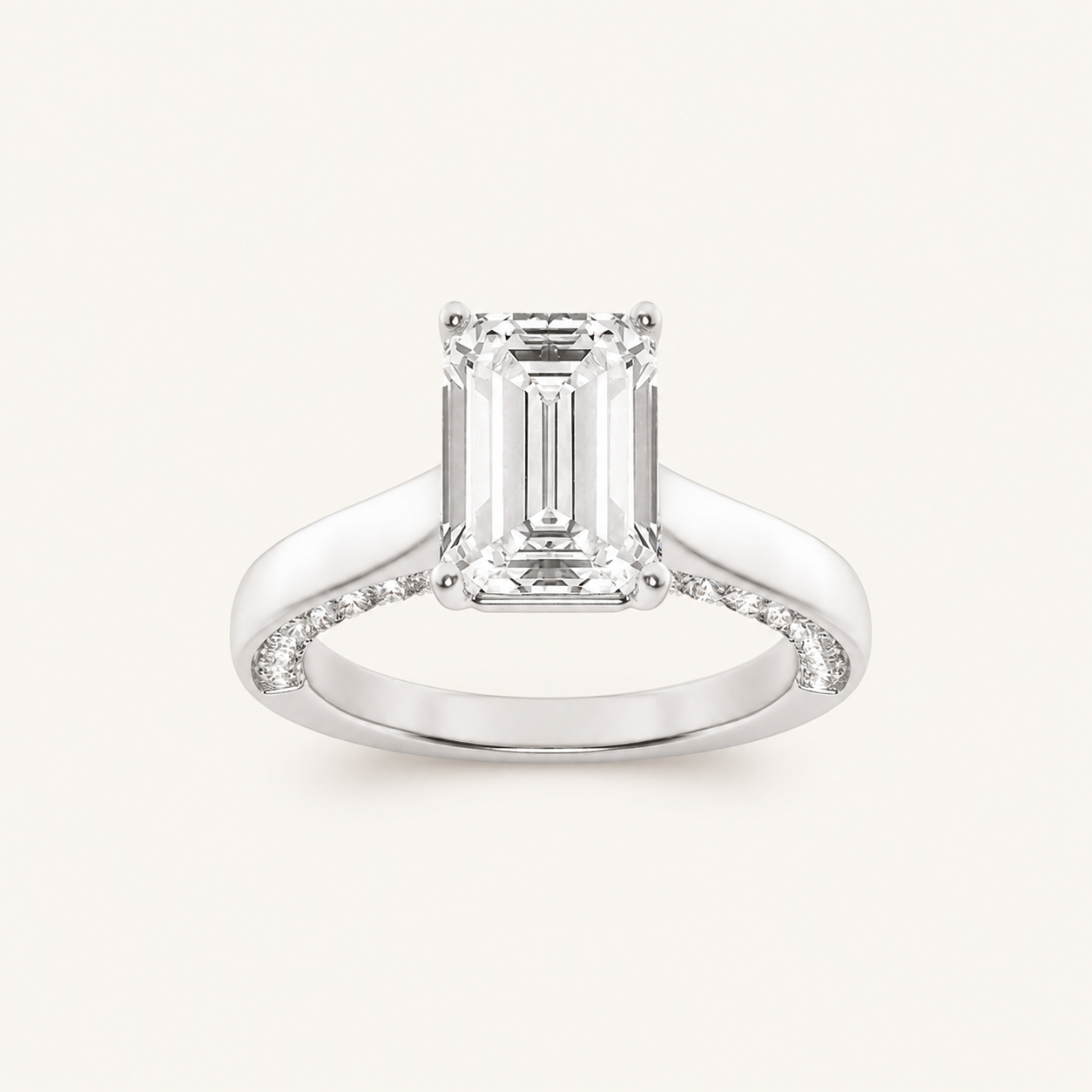 1.25 CT Emerald Cut Lab Grown Diamond Accented Bridge Shank Solitaire Ring