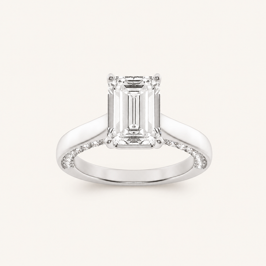 2.00CT Emerald Cut Lab Grown Diamond Accented Bridge Shank Solitaire Ring