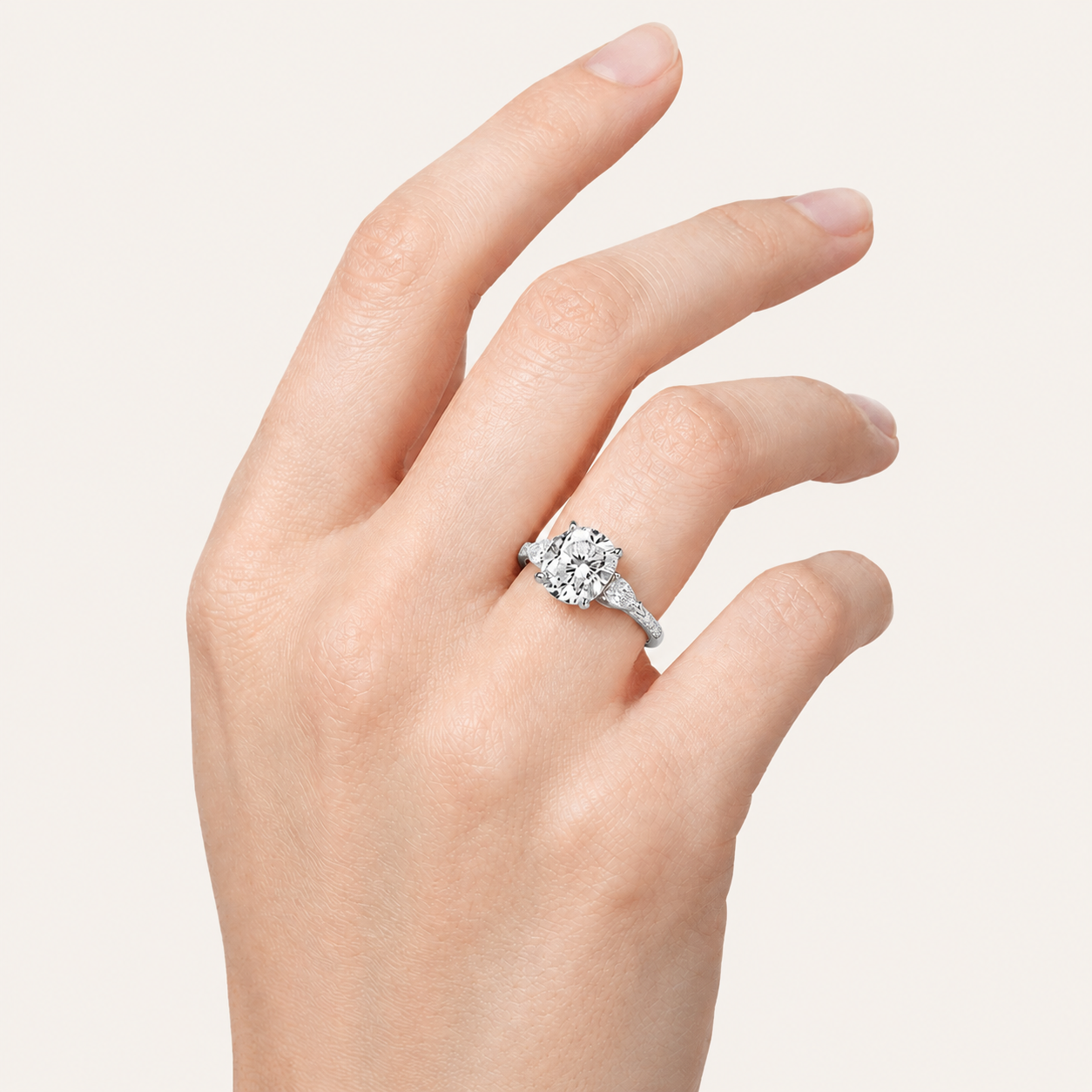 2.5CT Oval Cut Lab Grown Diamond Hidden Halo Accented Engagement Ring