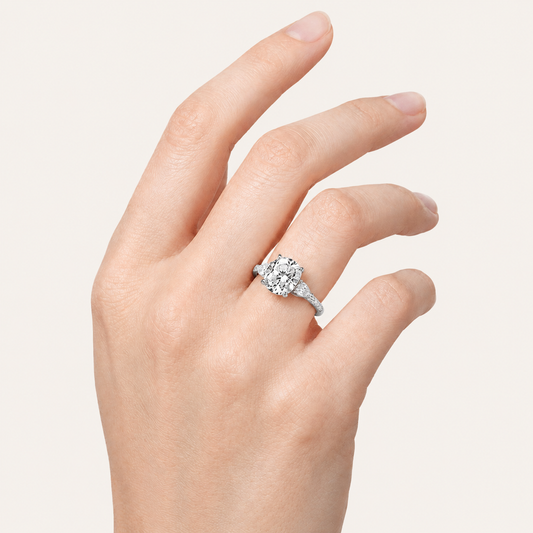 2.5CT Oval Cut Lab Grown Diamond Hidden Halo Accented Engagement Ring