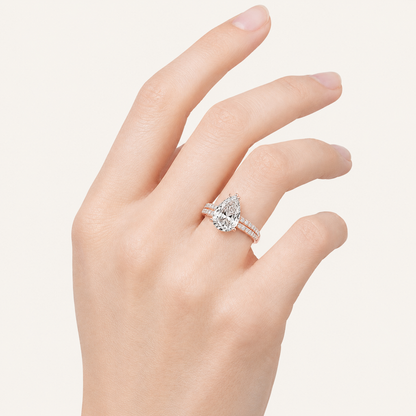 1.5CT Pear Cut Lab Grown Diamond Hidden Halo Accented Engagement Ring