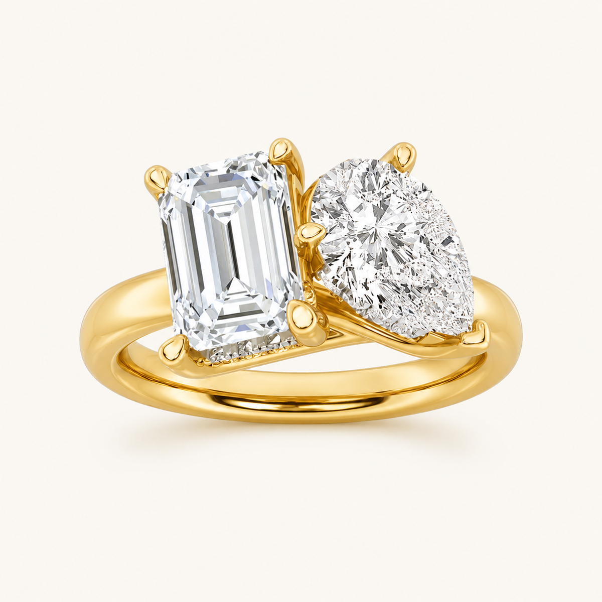 3.00 CT Emerald Cut And Pear Cut Lab Grown Diamond Toi et Moi Ring