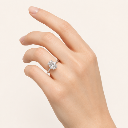 2CT Oval Cut Lab Grown Diamond Halo Petite Shank Solitaire Ring