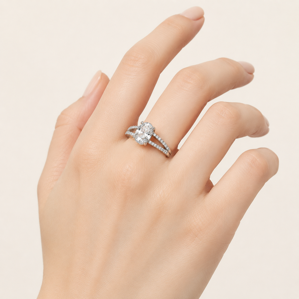 2CT Oval Cut Lab Grown Diamond Cross Shank Accented Side Stone Solitaire Ring