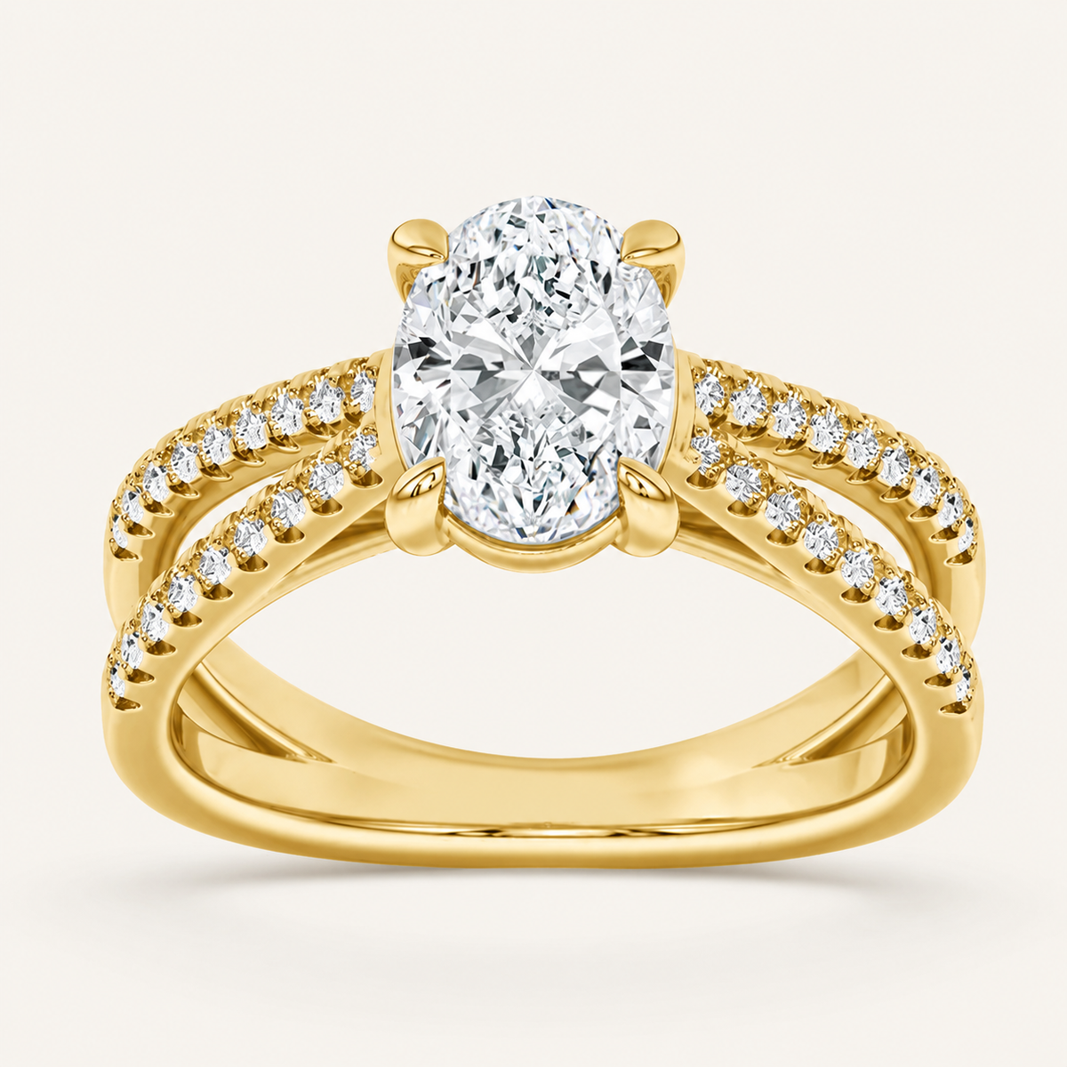 2CT Oval Cut Lab Grown Diamond Cross Shank Accented Side Stone Solitaire Ring