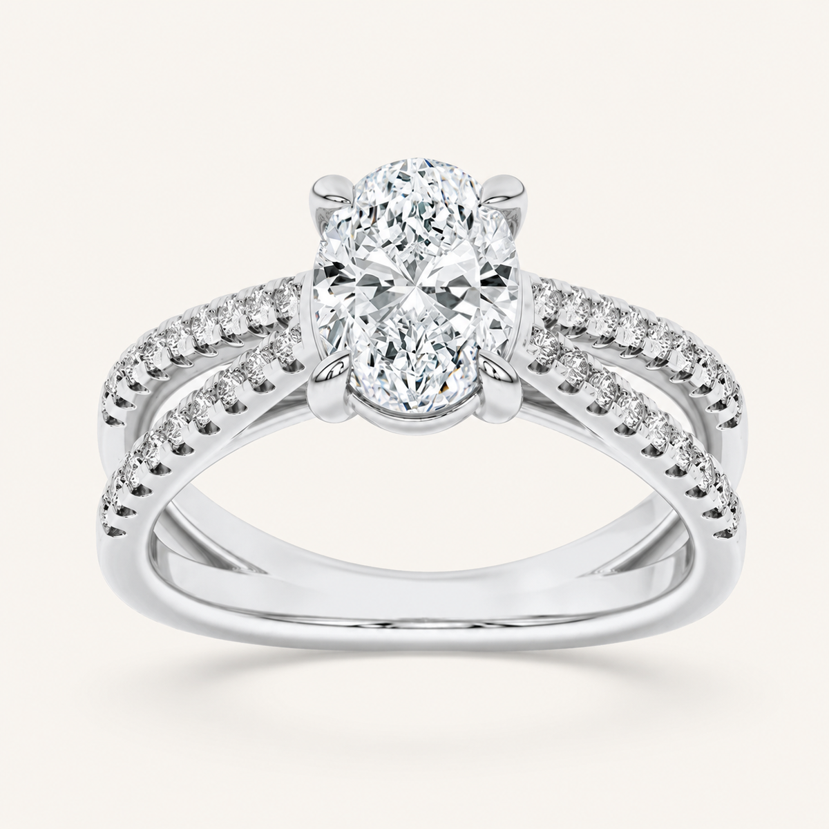 2CT Oval Cut Lab Grown Diamond Cross Shank Accented Side Stone Solitaire Ring