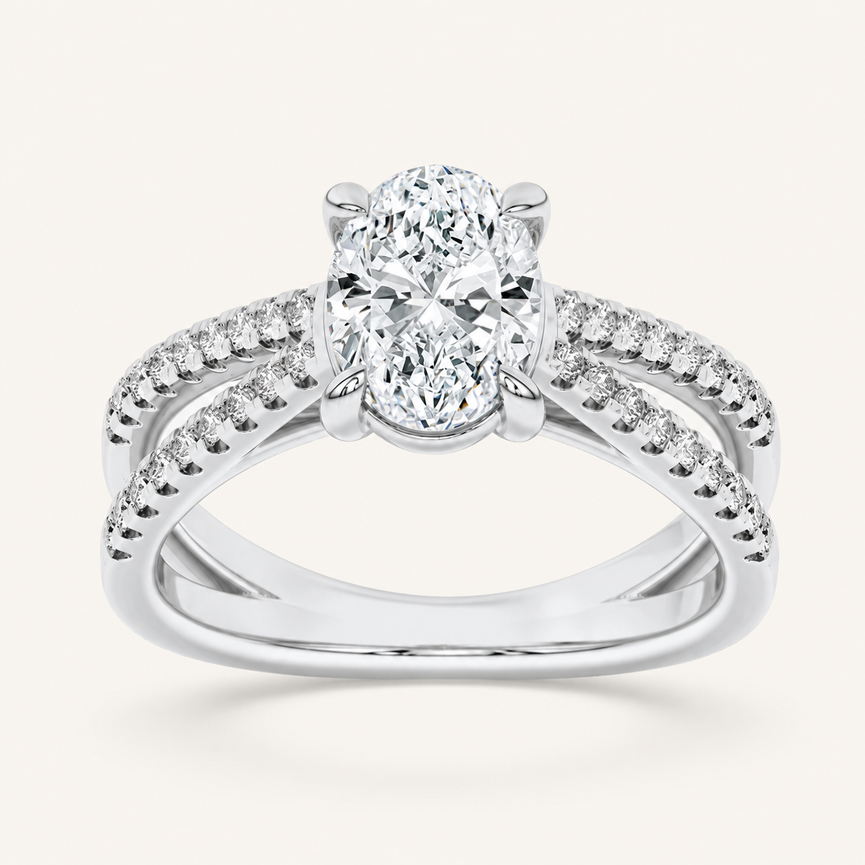 2CT Oval Cut Lab Grown Diamond Cross Shank Accented Side Stone Solitaire Ring